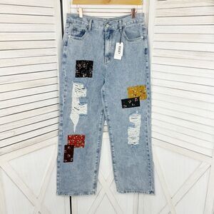 Cider Distressed Patchwork Wide Leg Crop Jeans Blue XL 10